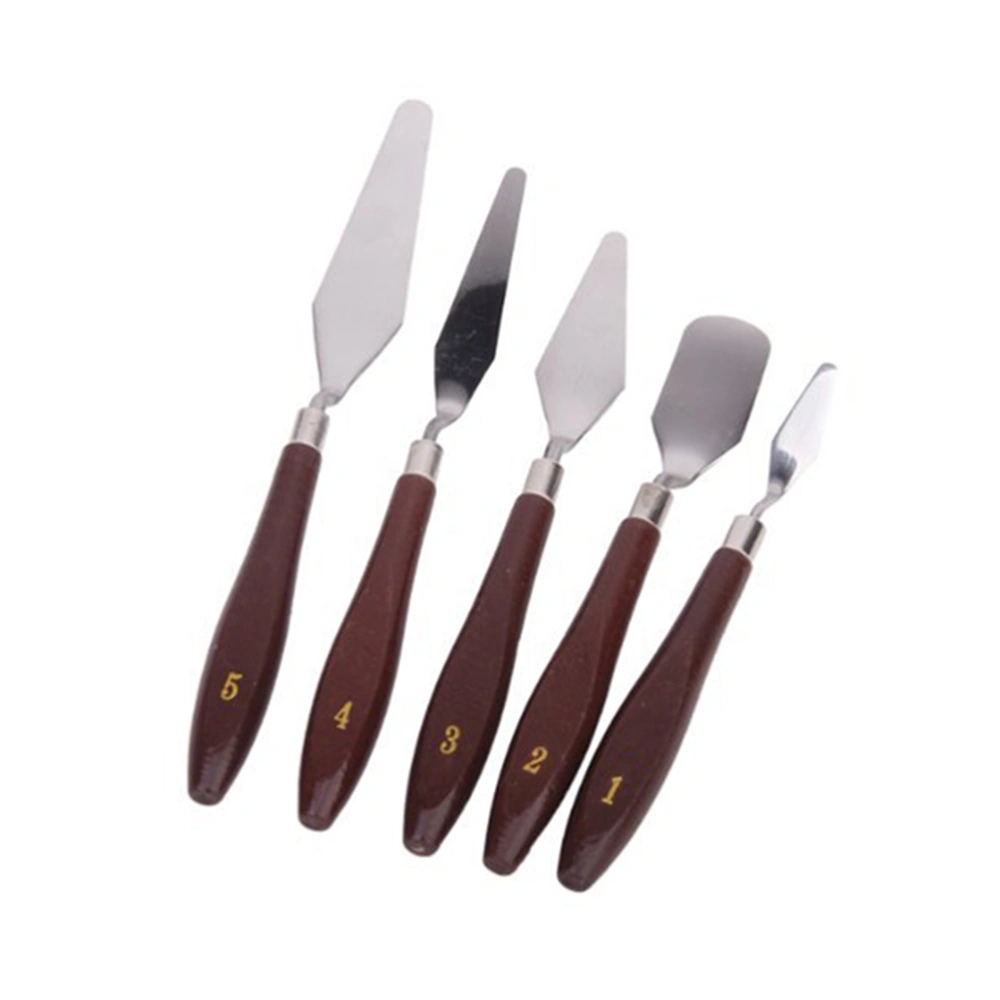 5pcs Stainless Steel Oil Painting Spatula Set with Wooden Handle (Reddish Brown)