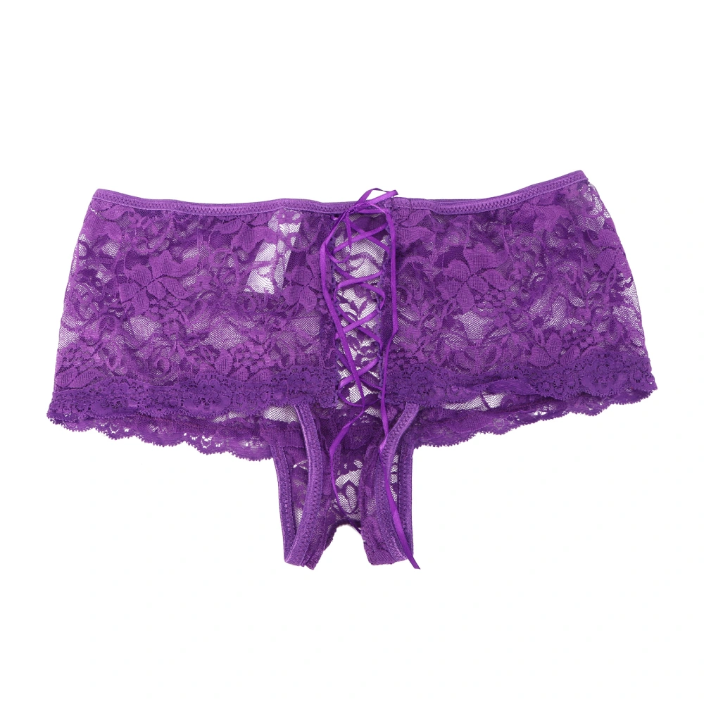 Women's Sexy Lace Lingerie Underwear Open Crotch G-String Briefs - Size XL (Purple)