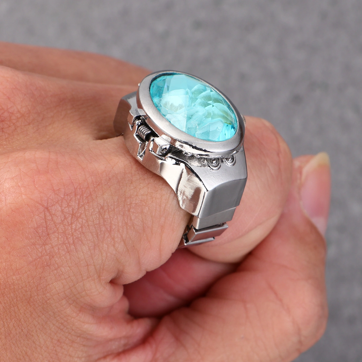 Special Oval Watch Shaped Finger Ring Fashion Exquisite Quartz Watch Ring for Men Women (Lake Blue)