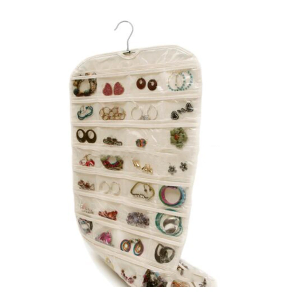 Hanging Jewelry Organizer Double-sided Closet Wall Jewelry Holder Bag with 80 Pockets (Beige)