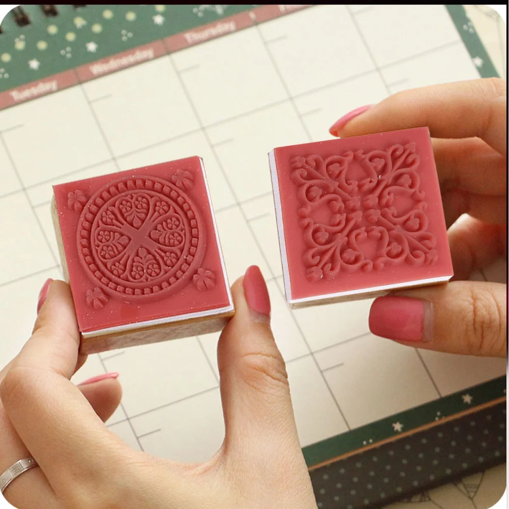 12 Pcs Wooden Stamps Retro Lace Floral Stamps Round and Squares Decorative Stamps for DIY Craft and Scrapbooking - 6 Patterns & 6 Shape