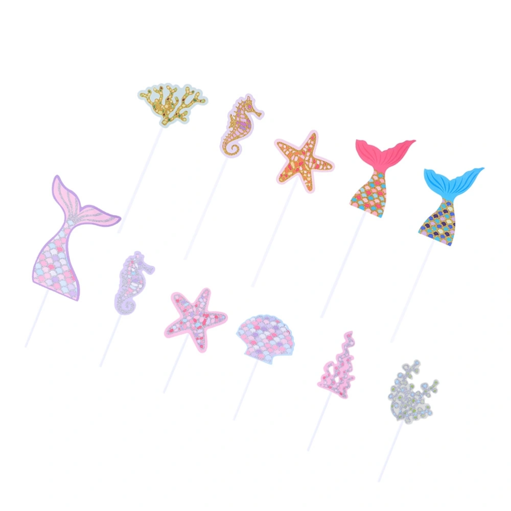 11PCS Cake Topper Funny Dessert Decor Insert Cards Ocean Cake Cutout Mermaid Tail Stars Dessert Table Birthday Cake Decorating Plugin for Birthday Party Festival