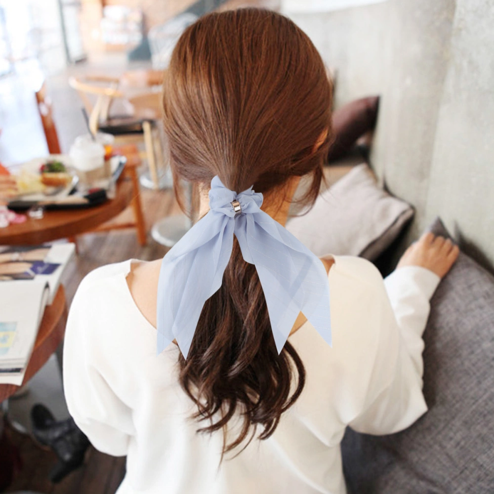 Elastic Hair Knot Double-Layer Bowknot Long Cloth Hair Band with Buckle Ponytail Holders Hair Ropes for Lady (Sky-blue)