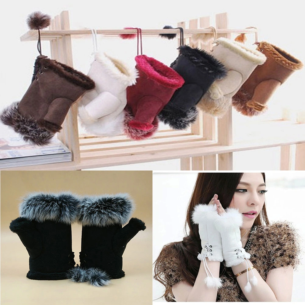1 Pair Womens Girls Half Finger Gloves Winter Warm Stylish Wool Mittens Fingerless Wrist Short Gloves Hand Warmer Costume Christmas Gift (Cream-coloured)