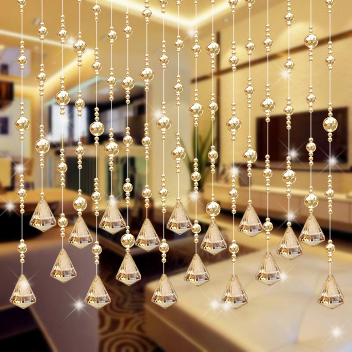 Crystal Clear Beads String Curtain Shining Diamond Tassel Pendant Beads for Home Living Room Bedroom Window Door Wedding Club Party Decoration (Gold Champagne)