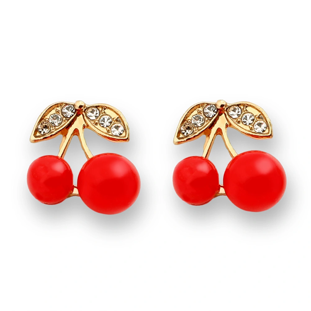 One Pair Stud Earrings Cherry Rhinestone Women Earring Jewelry (Red)