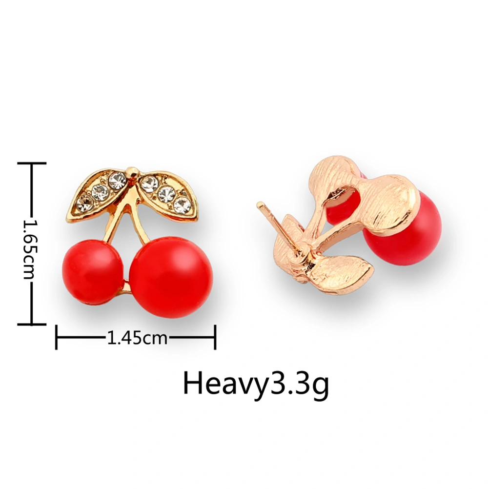 One Pair Stud Earrings Cherry Rhinestone Women Earring Jewelry (Red)