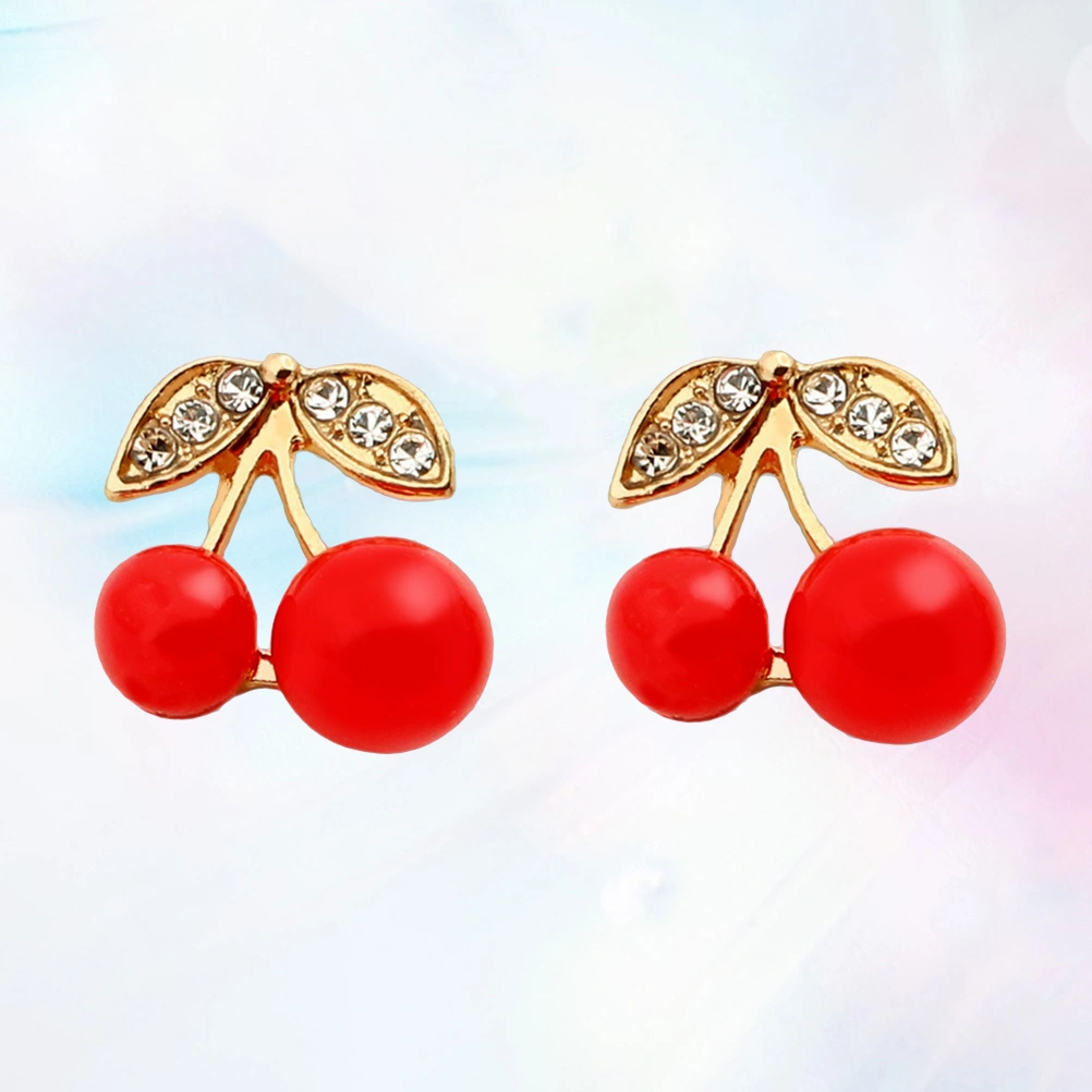 One Pair Stud Earrings Cherry Rhinestone Women Earring Jewelry (Red)
