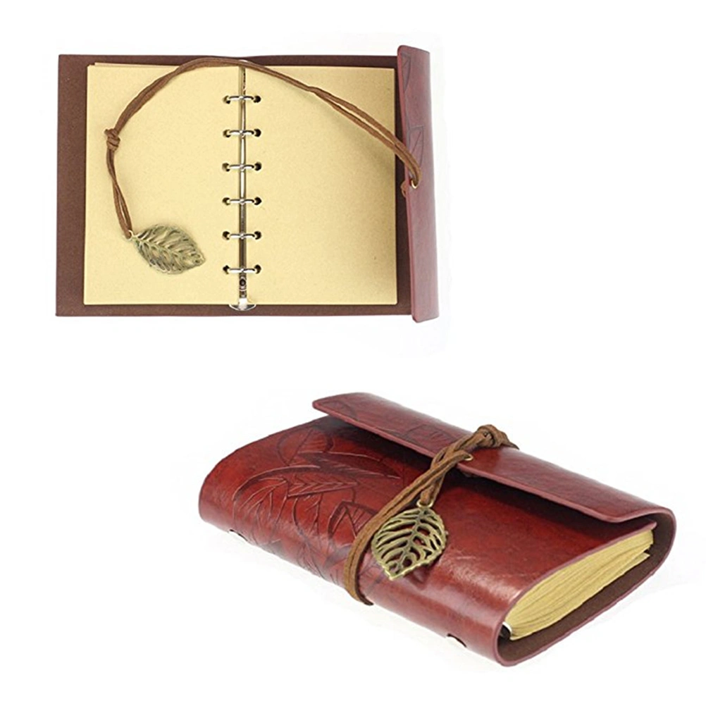 Vintage Style Leaf Leaves Pattern PU Cover Loose-leaf String Bound Blank Notebook Notepad Travel Journal Diary Jotter - Size S (Dark Red)