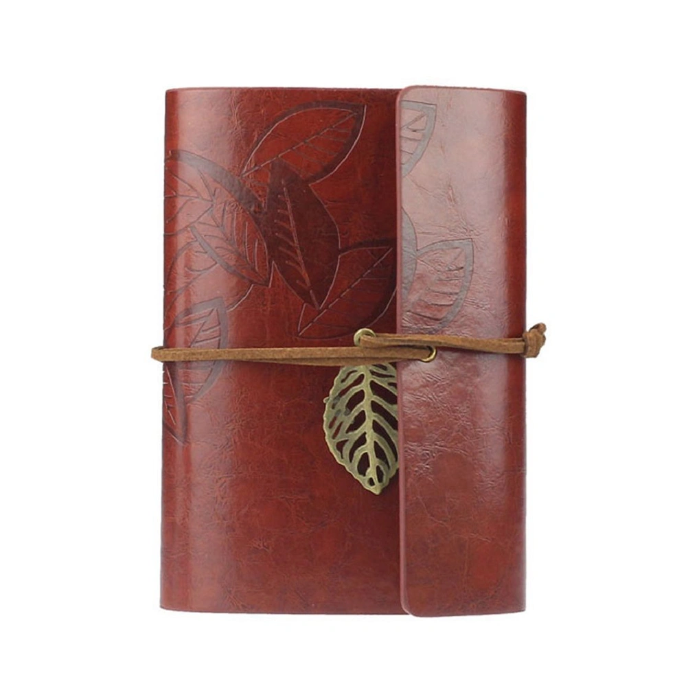 Vintage Style Leaf Leaves Pattern PU Cover Loose-leaf String Bound Blank Notebook Notepad Travel Journal Diary Jotter - Size S (Dark Red)