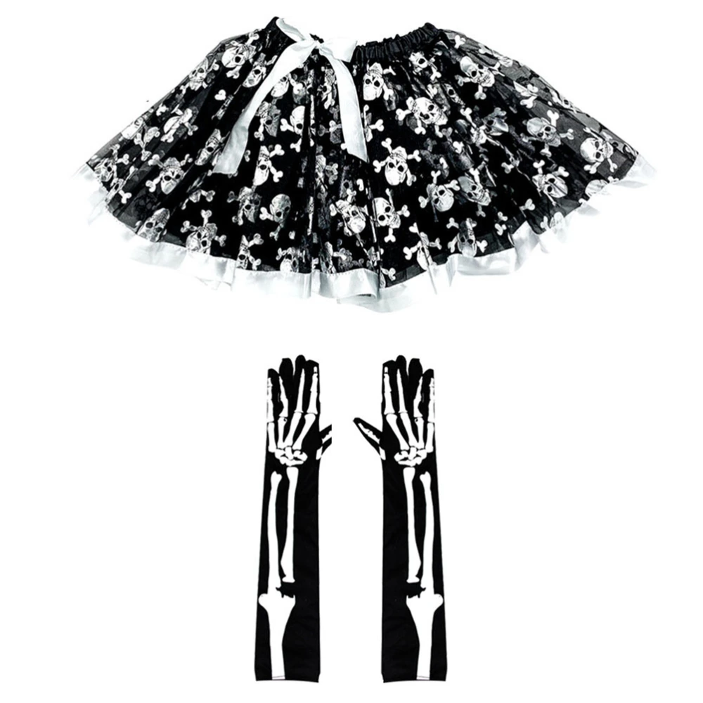 1 Set of Children Gloves Skirt Halloween Skull Pattern Performance Costume