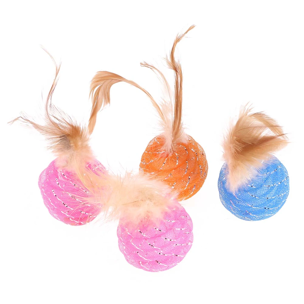 4pcs Pet Cat Toy Cat Line Ball With Feather Line Tube Ball Pet Toy (Random Color)