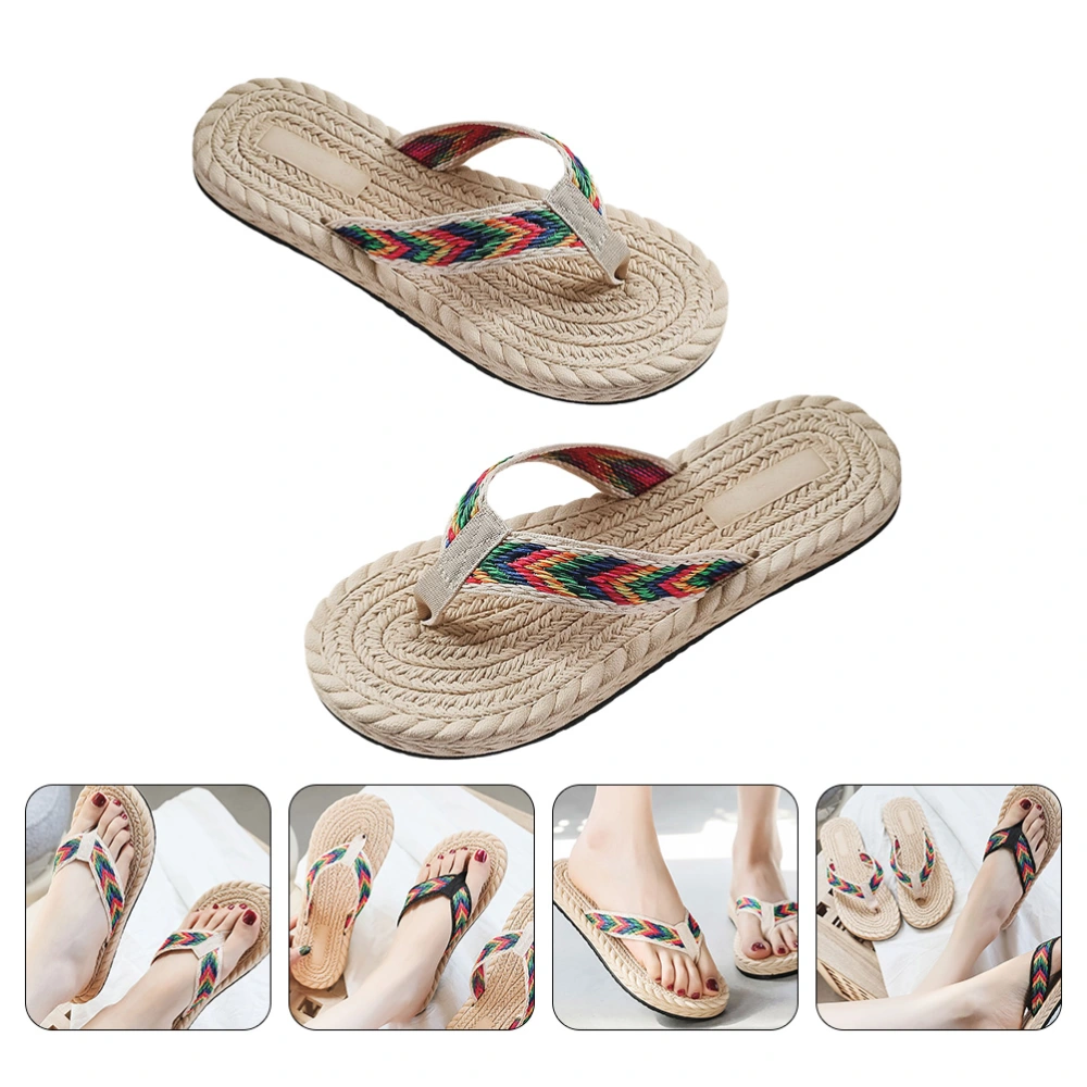 1 Pair Casual Flip-flops Beach Summer Imitation Straw Flat Slippers for Women