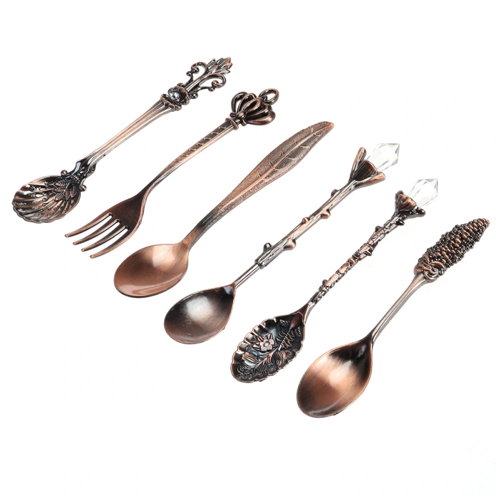 6pcs Vintage European Tableware Coffee Spoon Set Royal Spoon Fork Set Dessert Forks for Sweet Snacks (Red Bronze)