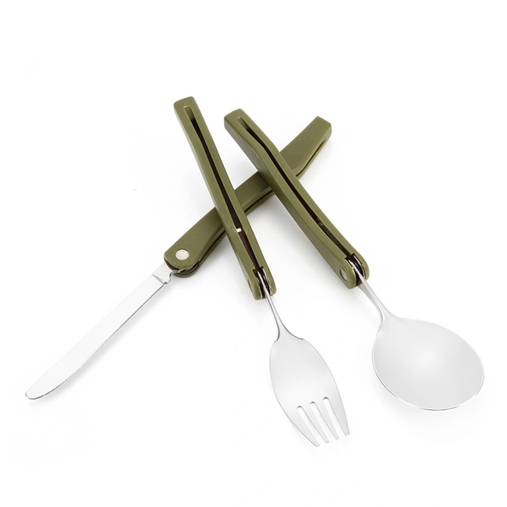 3 Pieces/set Folding Outdoor Tableware Camping Picnic Cutlery Stainless Steel Fork Spoon (Army Green)