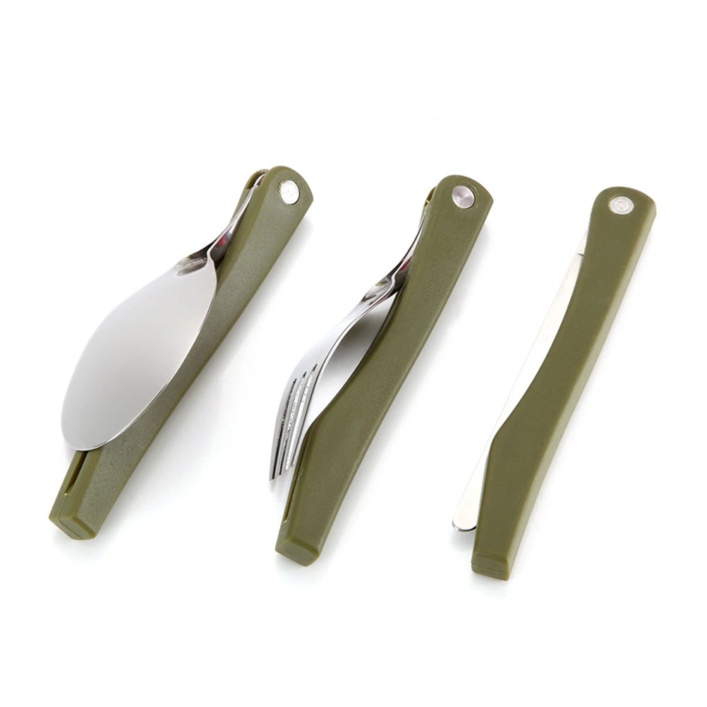 3 Pieces/set Folding Outdoor Tableware Camping Picnic Cutlery Stainless Steel Fork Spoon (Army Green)