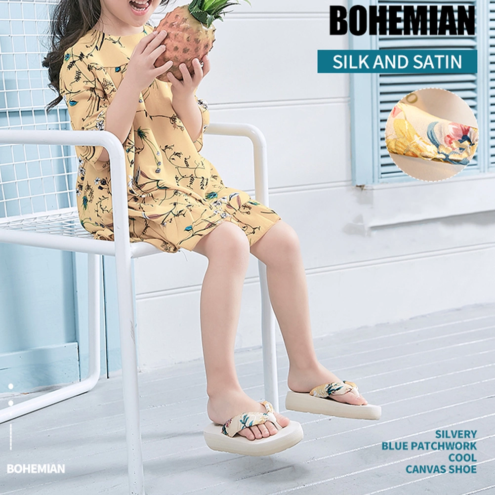 1 Pair Bohemia Style Kids Slipper Silk Fabrics Anti-slip Slippers Stylish Summer Slipper Household Mid-heel Slipper for Kids Wearing (Beige Gold Stamping Silk Cloth Size 25/26 10.5US,10UK,27.5EU,4.323Inch)