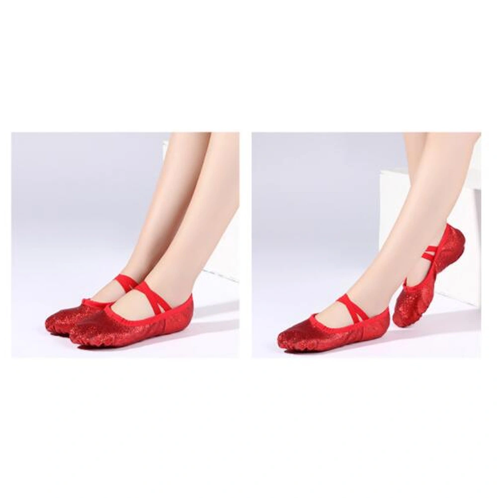 1 Pair of Shiny PU Dancing Shoes Elastic Band Yoga Shoes Anti-slip Gym Shoes Ballet Shoes for Kids Adults Size 33