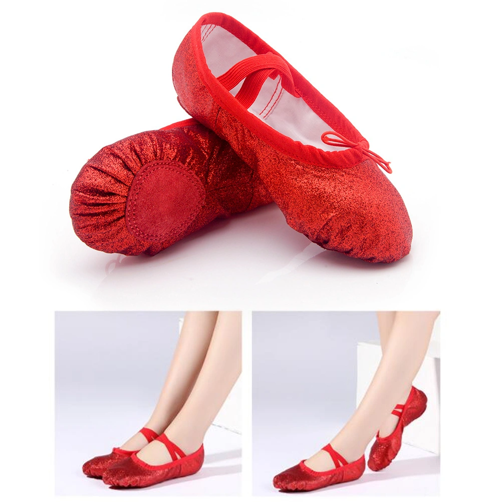 1 Pair of Shiny PU Dancing Shoes Elastic Band Yoga Shoes Anti-slip Gym Shoes Ballet Shoes for Kids Adults Size 33