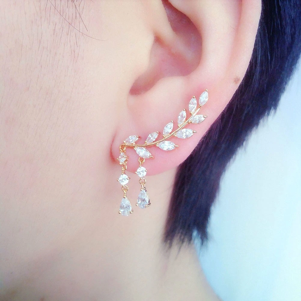 Fashion Lady Clear Crystal Leaf  Ear Earrings Back Ear Cuffs Stud Earring (Silver)