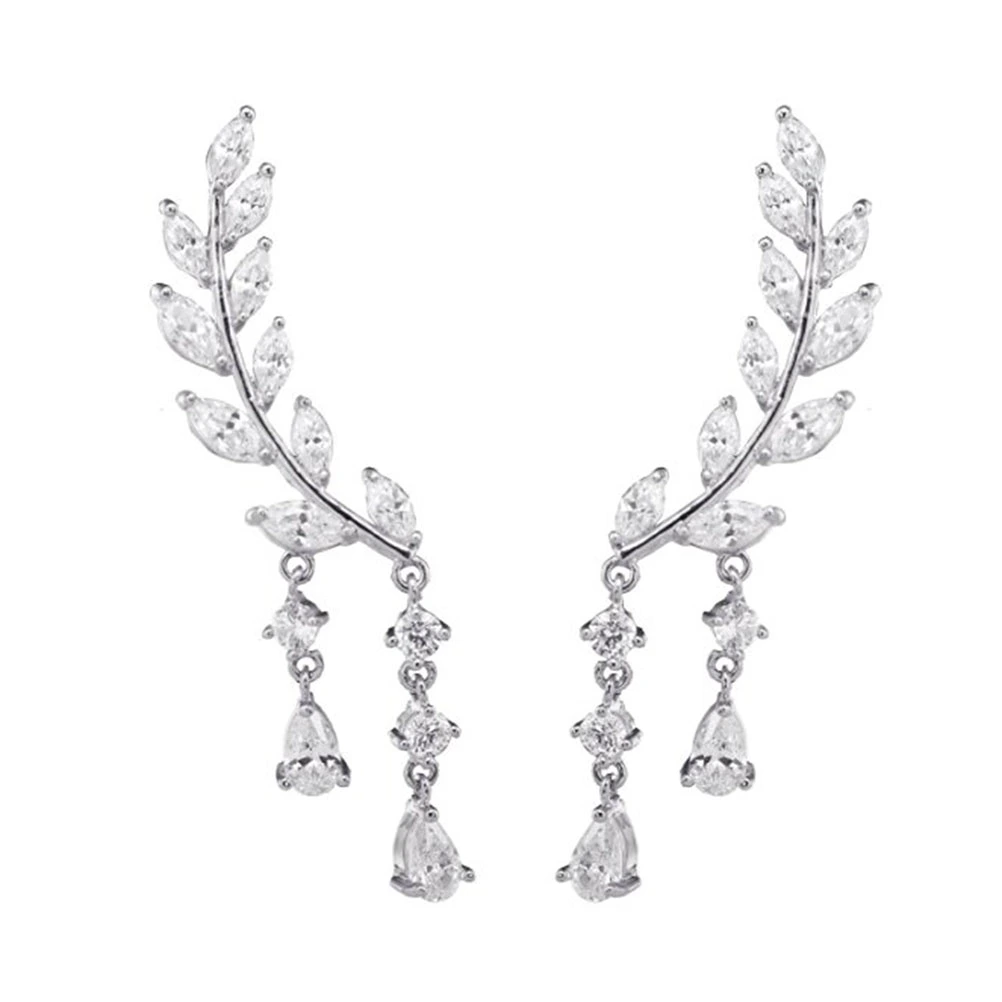 Fashion Lady Clear Crystal Leaf  Ear Earrings Back Ear Cuffs Stud Earring (Silver)