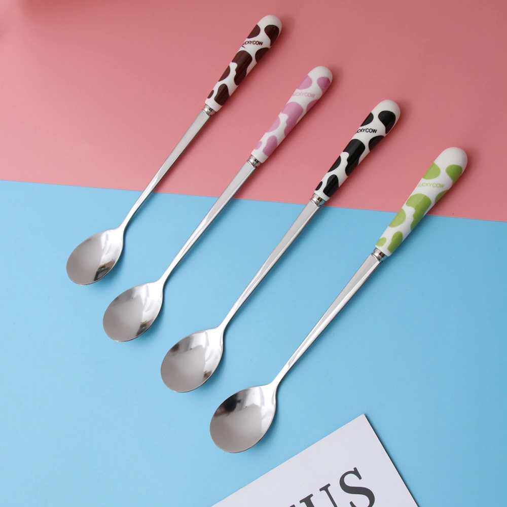 4pcs Stainless Steel Spoons with Ceramic Cow Design Handle Cartoon Cutlery Coffee Dessert Spoon (Black, Pink, Green, Brown)