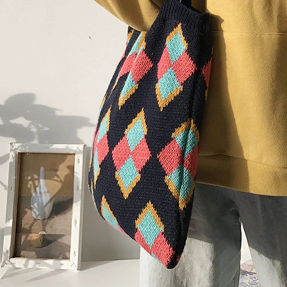 Women Knitted Bag Square Pattern Shoulder Bag Casual Large Student Bag Everyday Shopping Bag Tote (Blue)