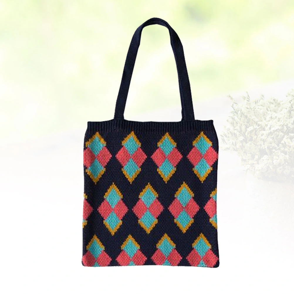 Women Knitted Bag Square Pattern Shoulder Bag Casual Large Student Bag Everyday Shopping Bag Tote (Blue)