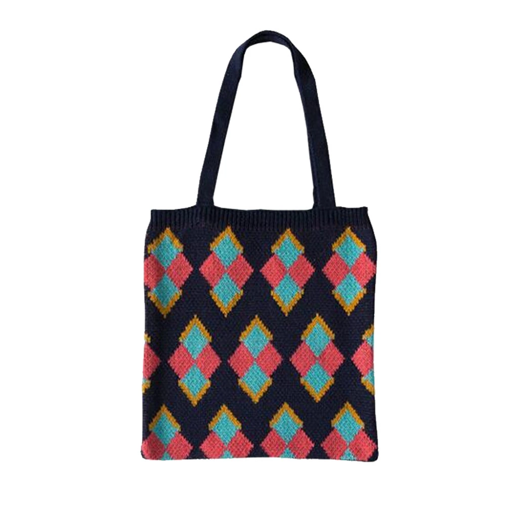 Women Knitted Bag Square Pattern Shoulder Bag Casual Large Student Bag Everyday Shopping Bag Tote (Blue)