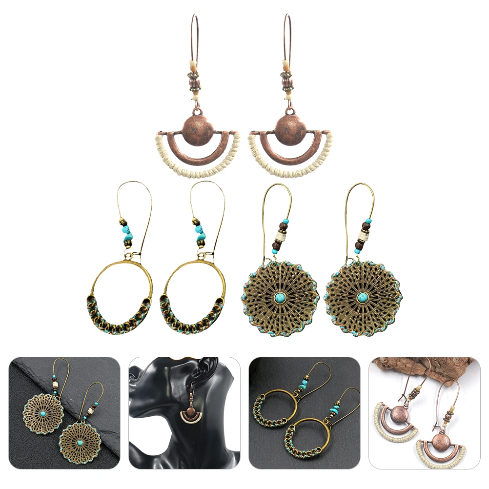 1 Set 3 Pairs Bohemian Style Retro Handmade Earrings Ear Drops (Golden Green)