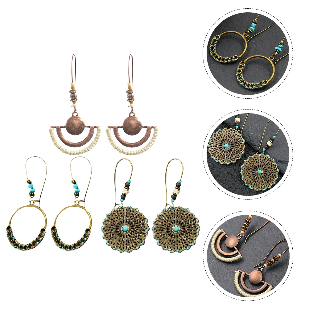 1 Set 3 Pairs Bohemian Style Retro Handmade Earrings Ear Drops (Golden Green)