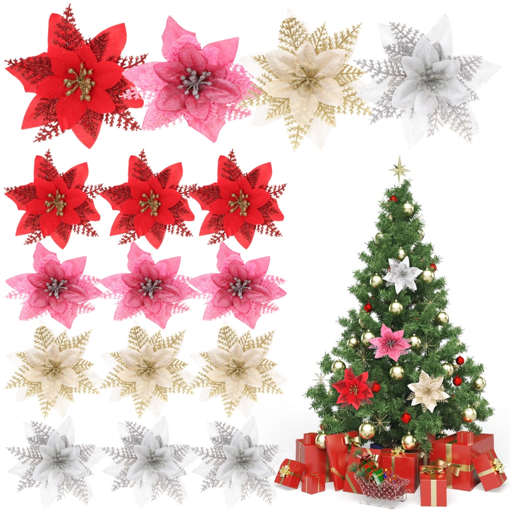 12pcs Poinsettia Flowers Artificial Flowers Christmas Ornaments Festival Layout Props