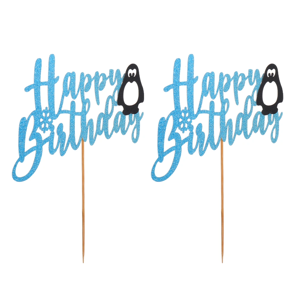 2pcs Penguin Cake Toppers Insert Cards Beautiful Dessert Decors (As Shown)