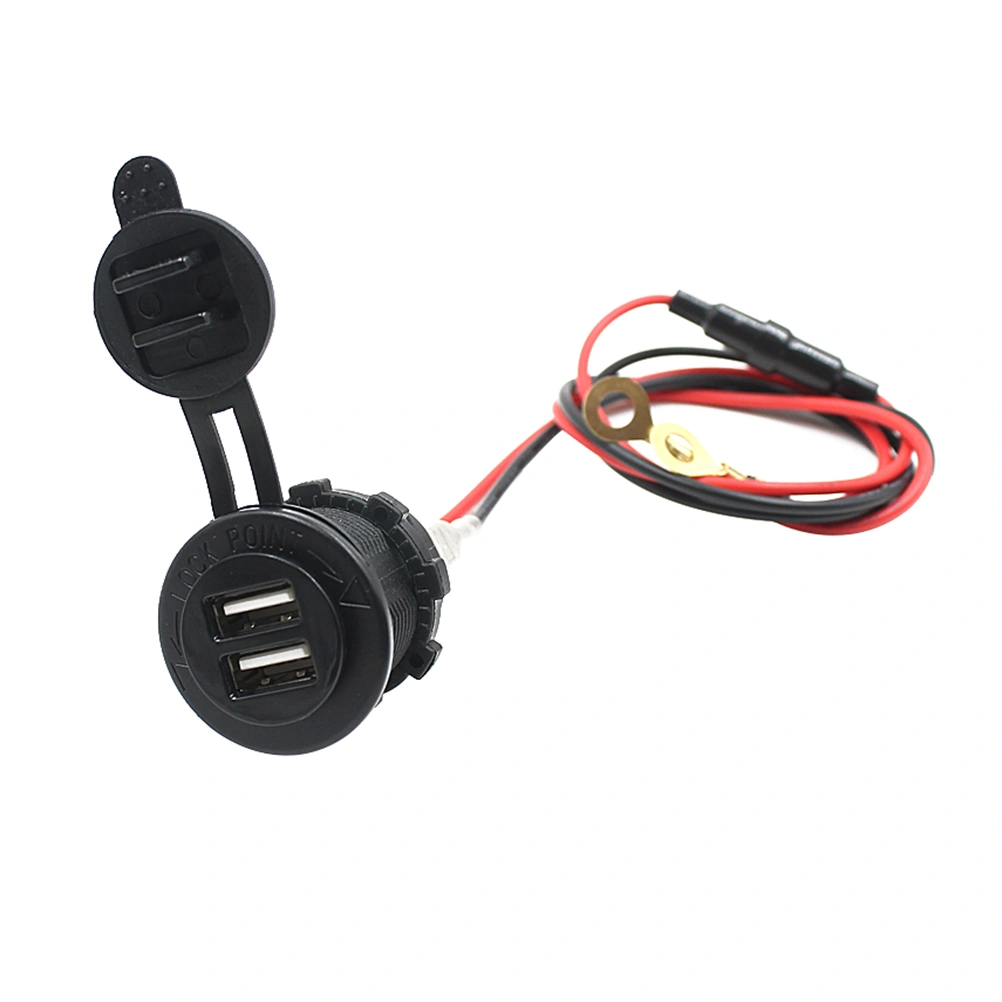 Portable 12V Motorcycle Car Cigarette Lighter Socket Splitter Dual USB Port with Cable for iPhone Cellphone GPS (Black)