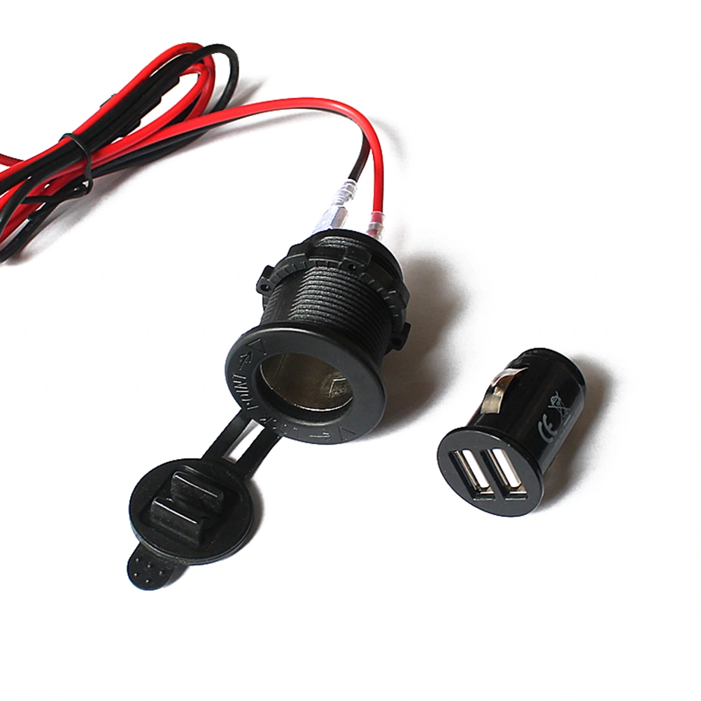 Portable 12V Motorcycle Car Cigarette Lighter Socket Splitter Dual USB Port with Cable for iPhone Cellphone GPS (Black)