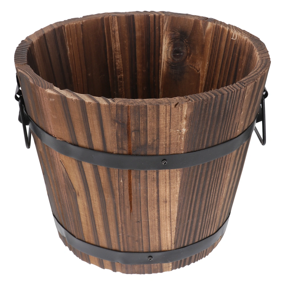 Wooden Round Barrel Planter Flower Pots Home Office Garden Wedding Decor (Flat Mouth/Large/Brown/19x14x15cm)