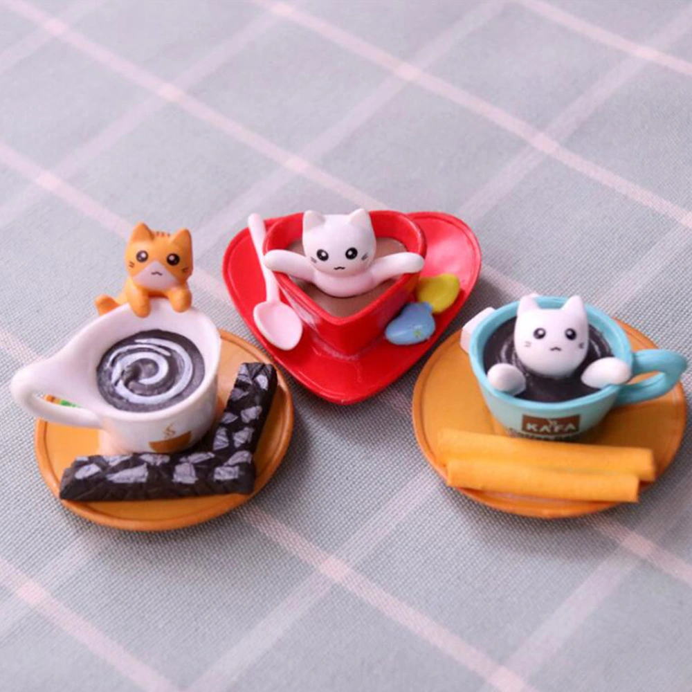 6pcs Creative PVC Teacup Cat Landscape Decors Ornaments Baking Cake Decor for Christmas Birthday Party(Random Style)