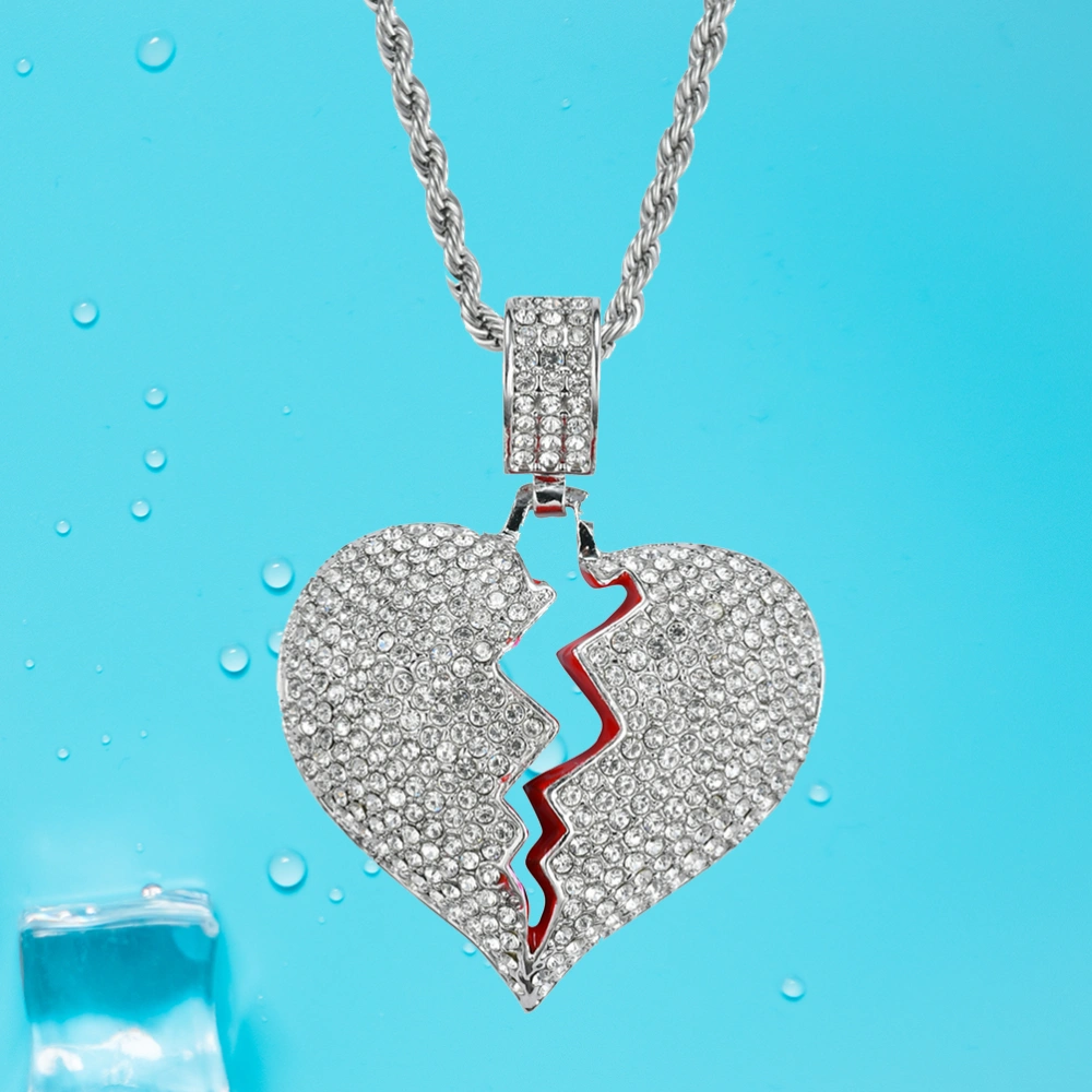 Shiny Luxury Rhinestone Necklace with Broken Heart Pendant and Sturdy Chain for Couple(Silver)