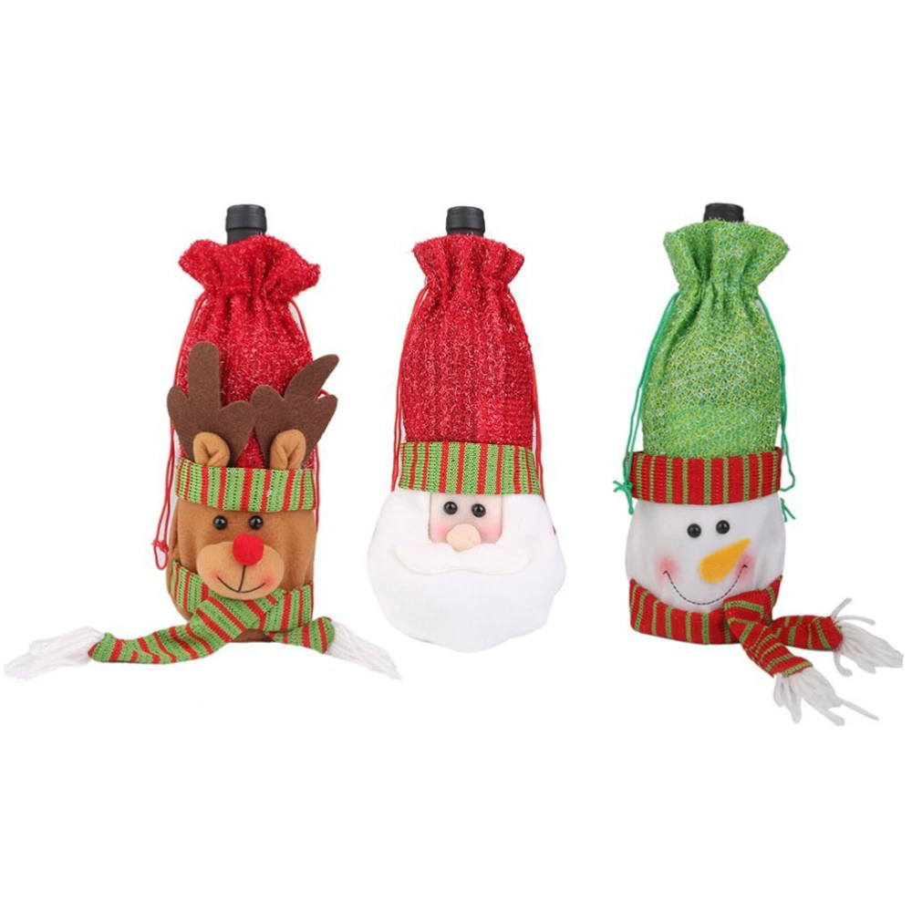 3pcs Christmas Santa / Deer / Snowman Pattern Drawstring Wine Bottle Bag Gift Pouch Wrap