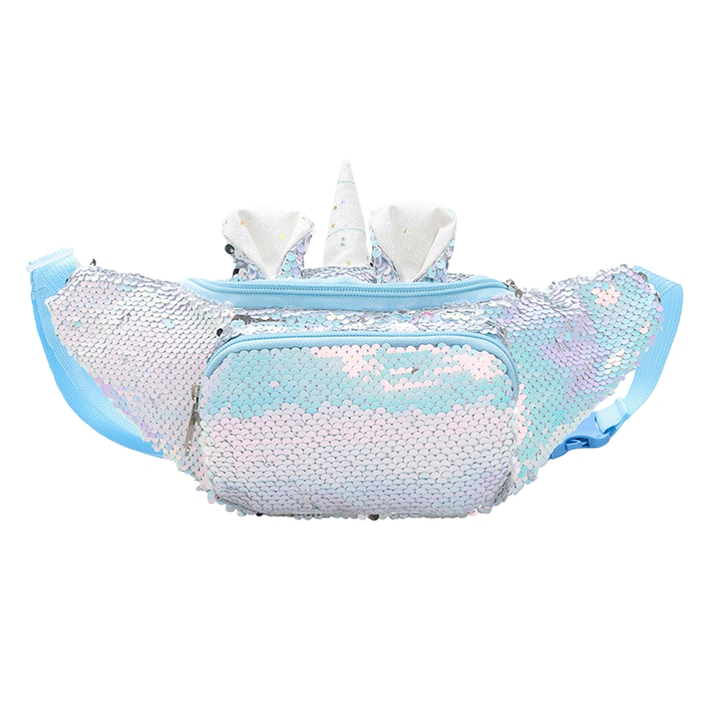 Synthetic Leather Waist Pouch Unicorn Sequins Pockets Fashion Shoulder Bag Makeup Cosmetic Pouch for Women Ladies Outdoor Travel (Light Blue)