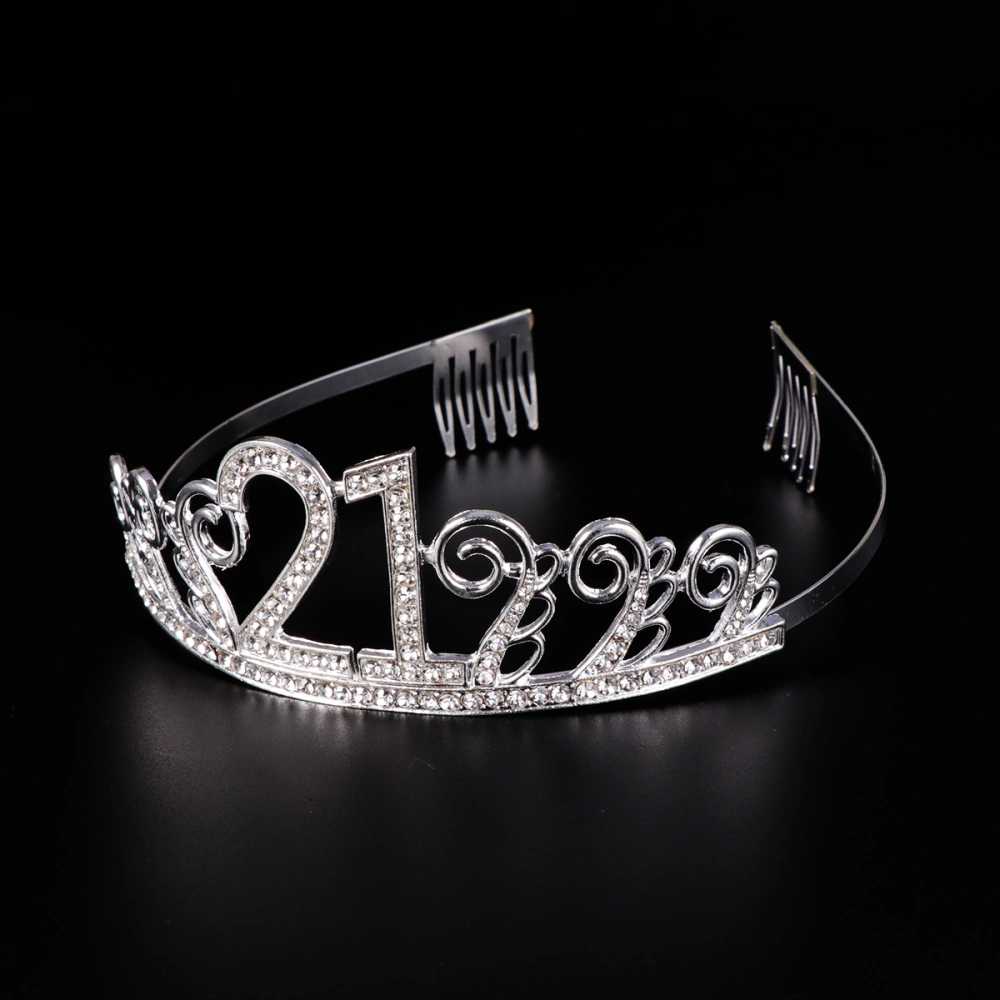 1 Set Number 21 Rhinestone Crown Hair Comb and Letter Printing Sash Decoration Headress Tiara Head Accessory Birthday Decoration Etiquette Belt