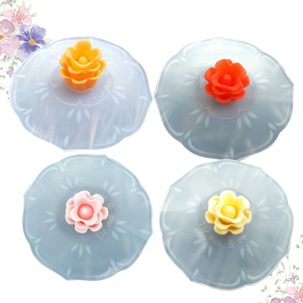 4pcs Dustproof Rose Design Mug Covers Leak-proof Silicone Cup Lids Lovely Sealed Covers Mug Covers (Random Color)