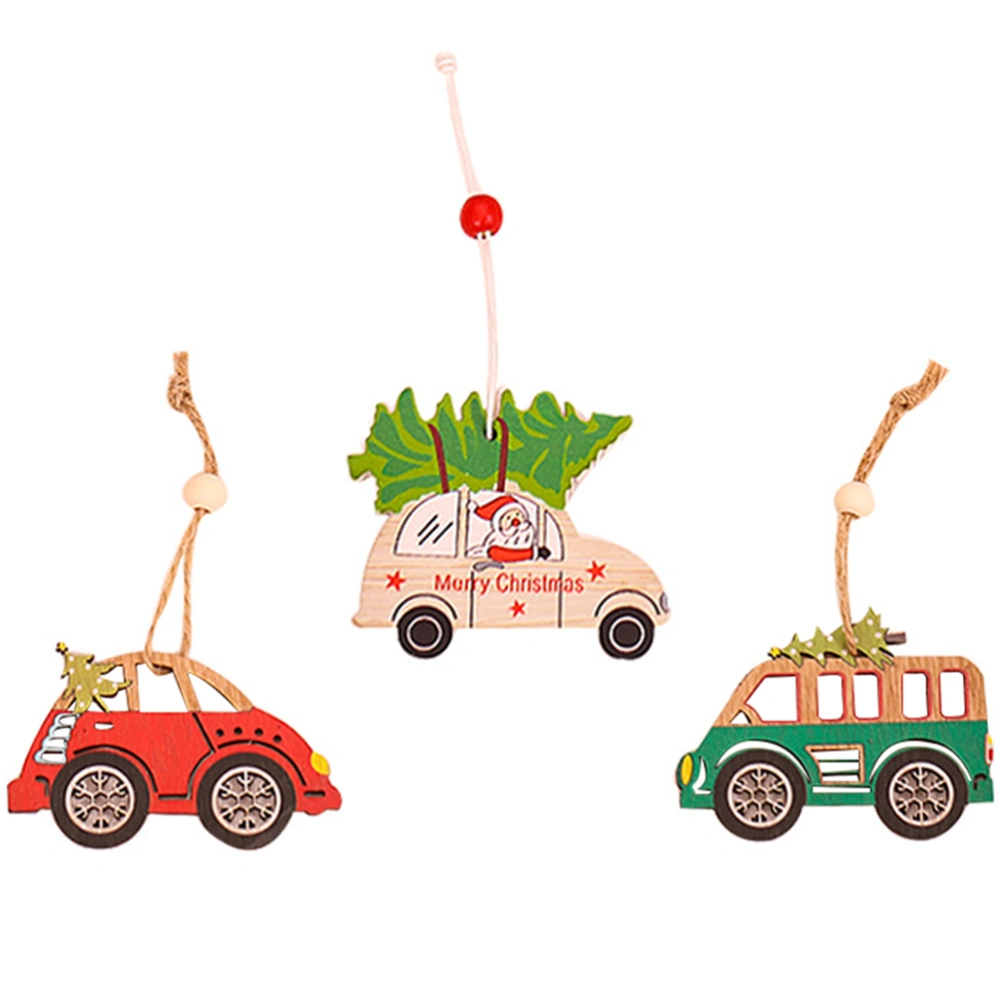 3Pcs Christmas Car Shaped Pendants Wooden Hanging Decors Carved Ornaments