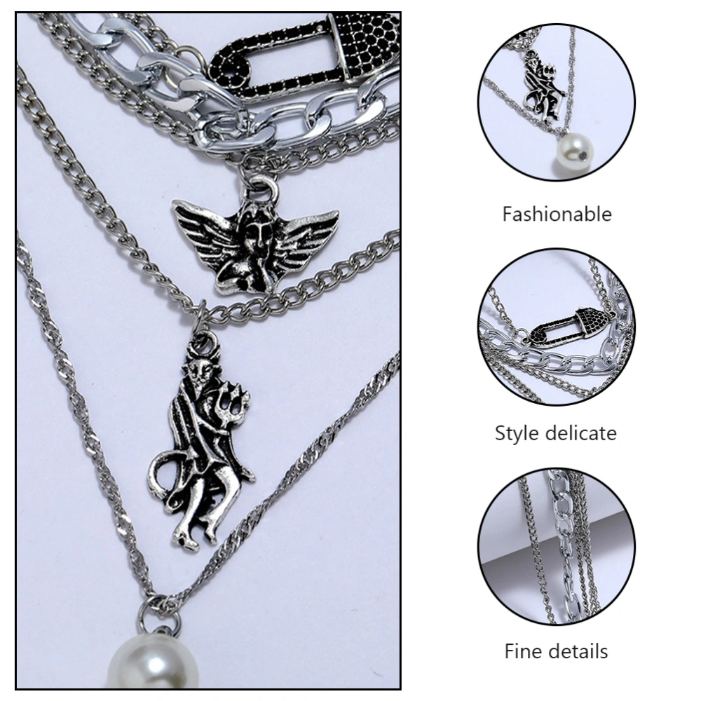 1Pc Multi-layer Necklace Fashionable Necklace Gift Retro Collarbone Chain Silver