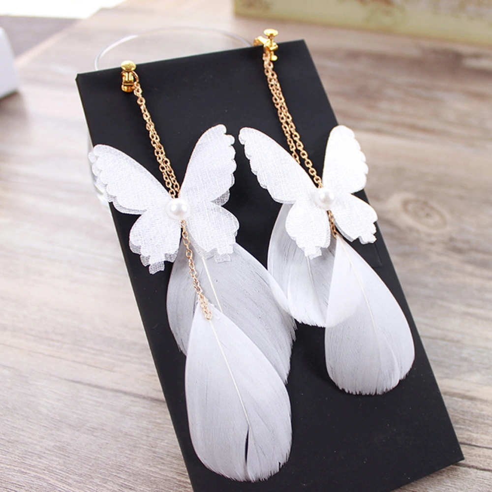 Women Ear Clips Yarn Tassel Feather Non-Piercing Earrings Rhinestone Eardrop Decorative Ear Jewelry for Wedding Party (White)