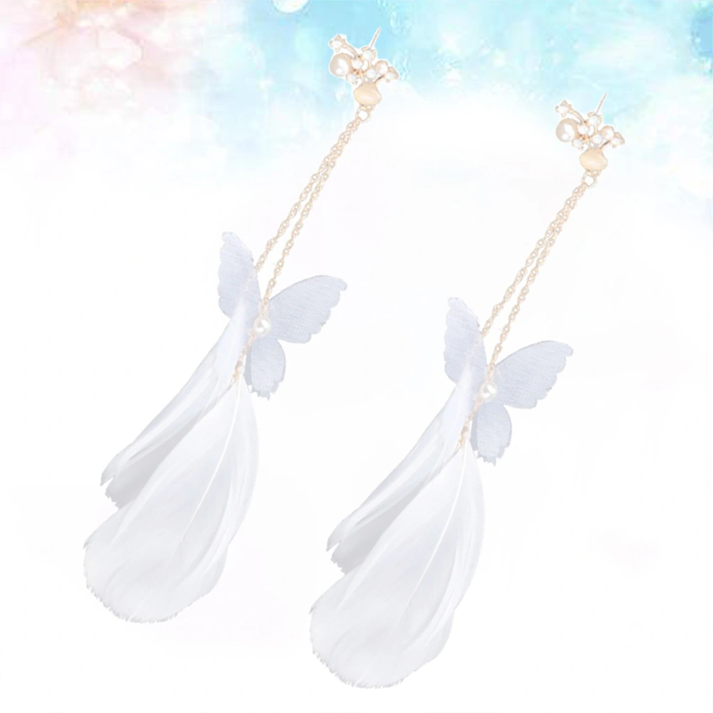 Women Ear Clips Yarn Tassel Feather Non-Piercing Earrings Rhinestone Eardrop Decorative Ear Jewelry for Wedding Party (White)