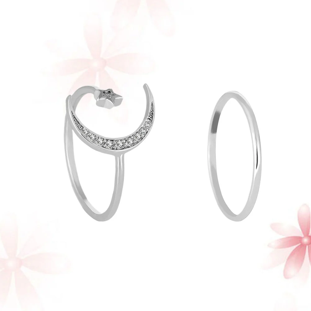 2Pcs Star and Moon Shaped Rings Opening Rings Adjustable Finger Rings Elegant Rings Silver