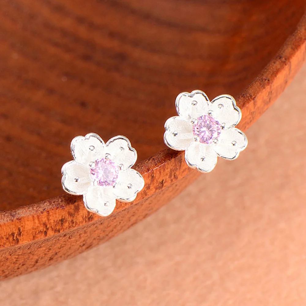 Silver Sakura Ear Studs Adorable Oriental Cherry Ear Studs Pretty Silver Ear Studs (Pink Diamond)