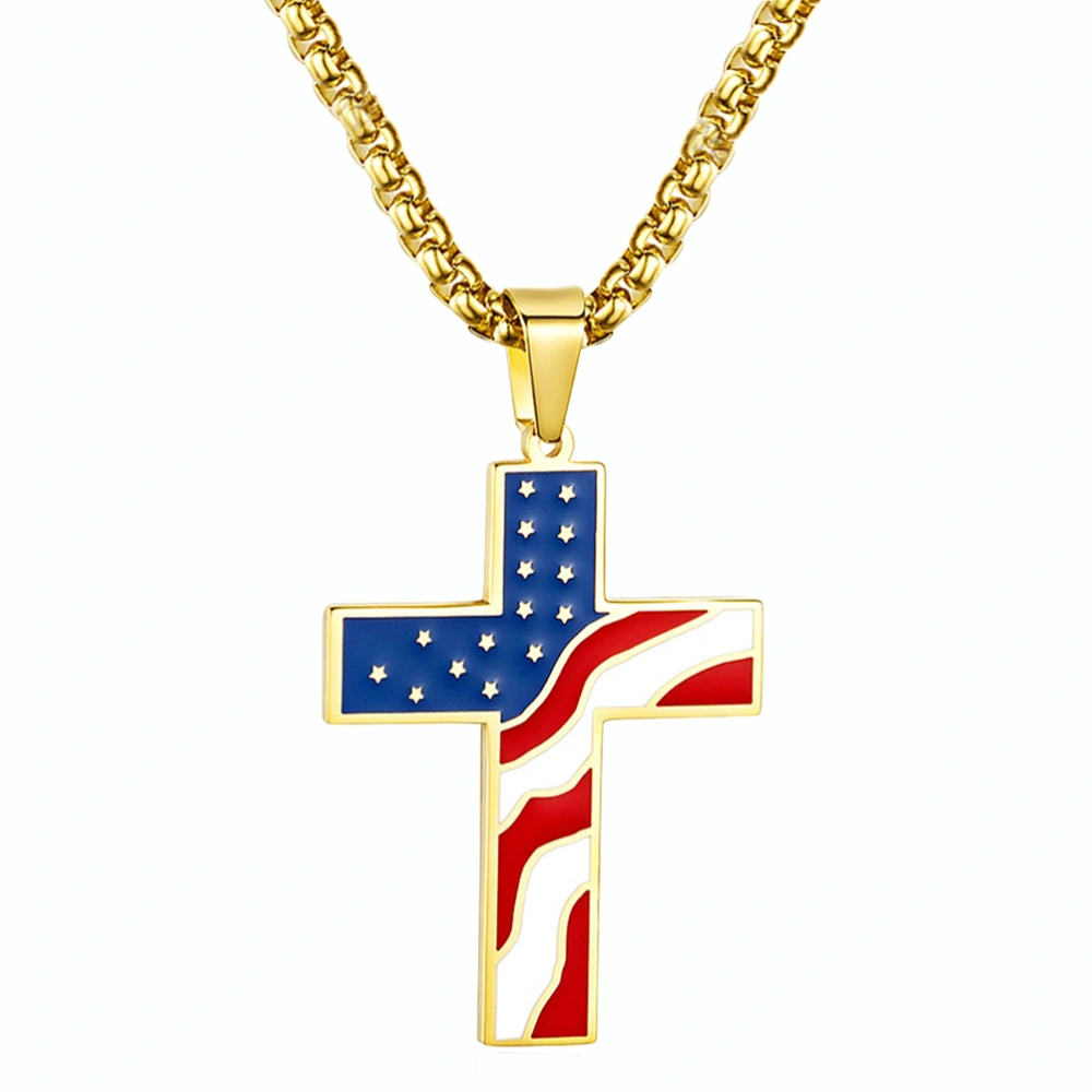 1PC American Flag Cross Shape Necklace Creative Women Neck Pendant Fashion Hanging Decoration (Golden)