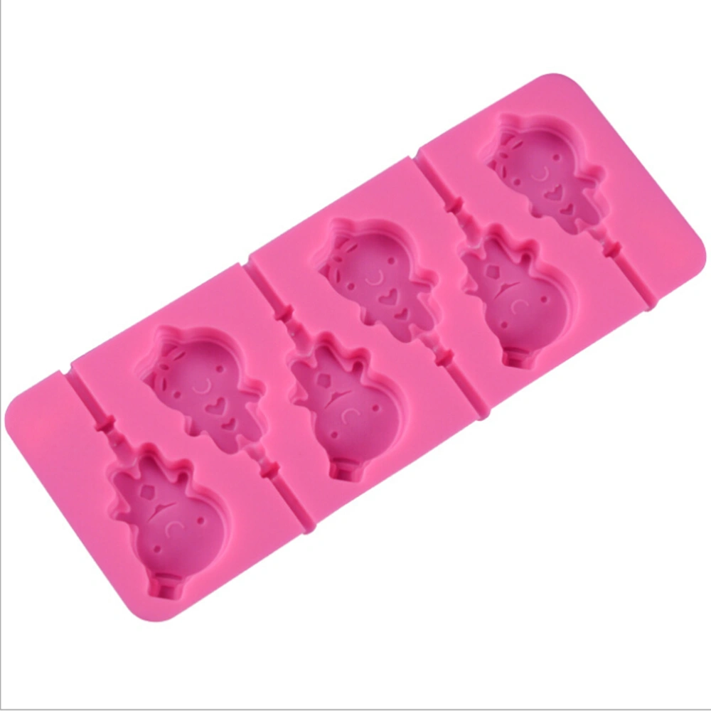 6 Cavity DIY Silicone Baking Molds Cartoon Shaped Pans Candy Lollipop Molds Chocolate Mould Ice Cube Trays (Random Color)